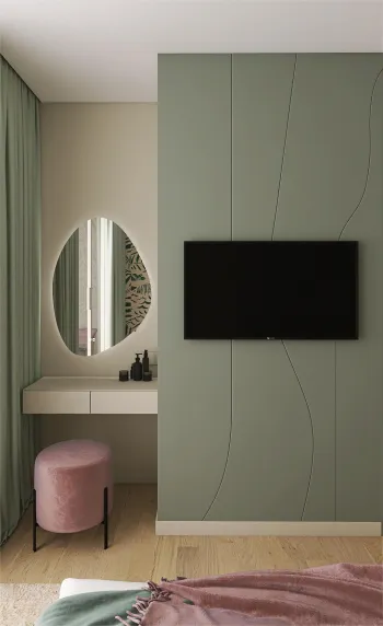 Интерьер спальни с телевизором на стене  смотреть на Basicdecor