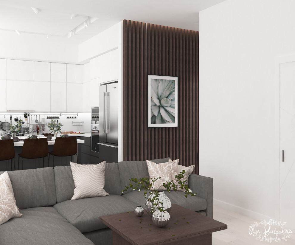 Интерьер гостиной с зонированием рейками, телевизором на рейках и вертикальными жалюзи в современном стиле