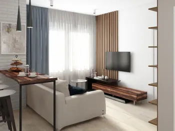 Интерьер гостиной с телевизором на рейках  смотреть на Basicdecor