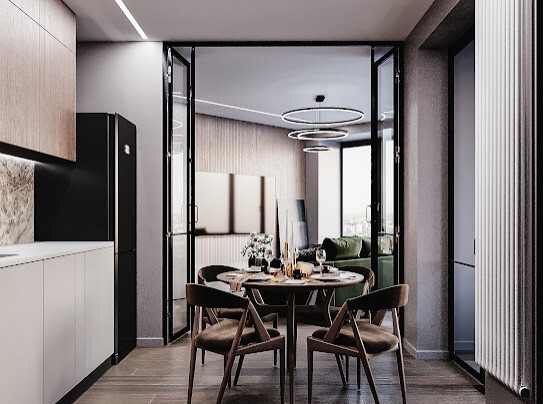 Интерьер кухни с окном, проходной, балконом, с кабинетом и open space в стиле лофт