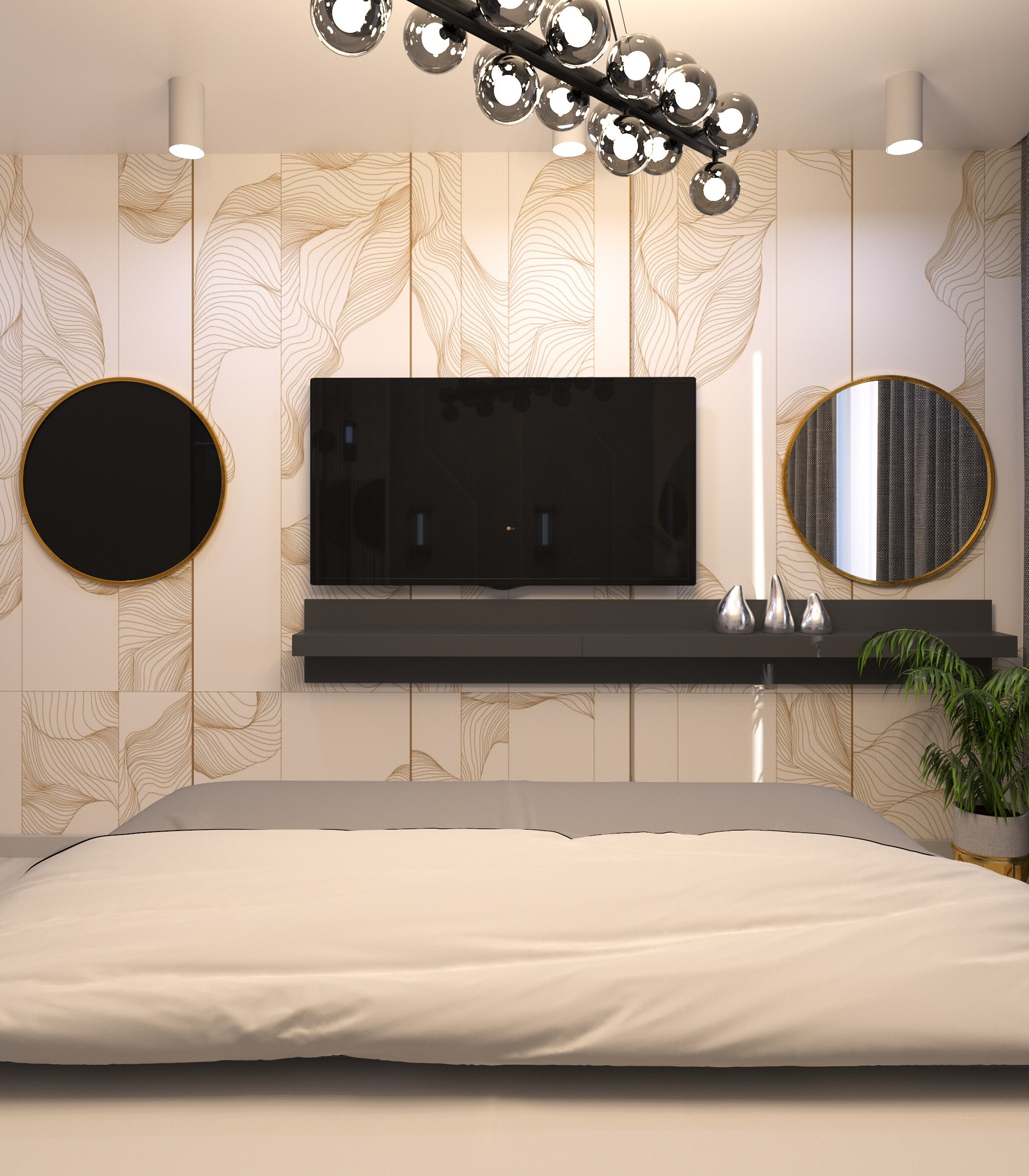 Интерьер спальни с панно за телевизором в современном стиле