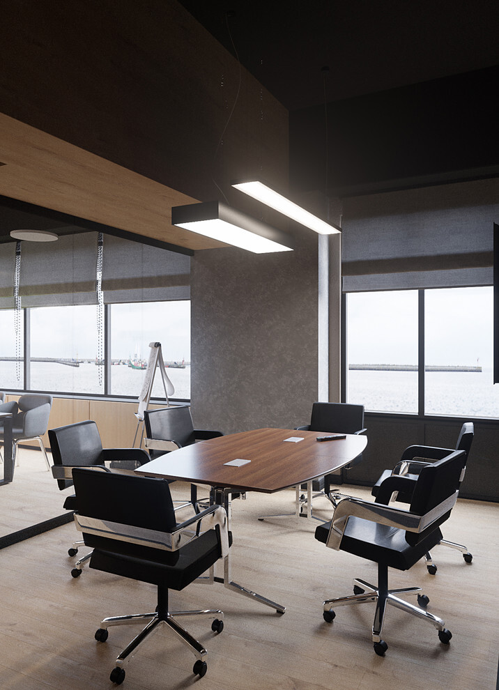 Интерьер офиса с рейками с подсветкой, подсветкой настенной и подсветкой светодиодной в стиле лофт и минимализме