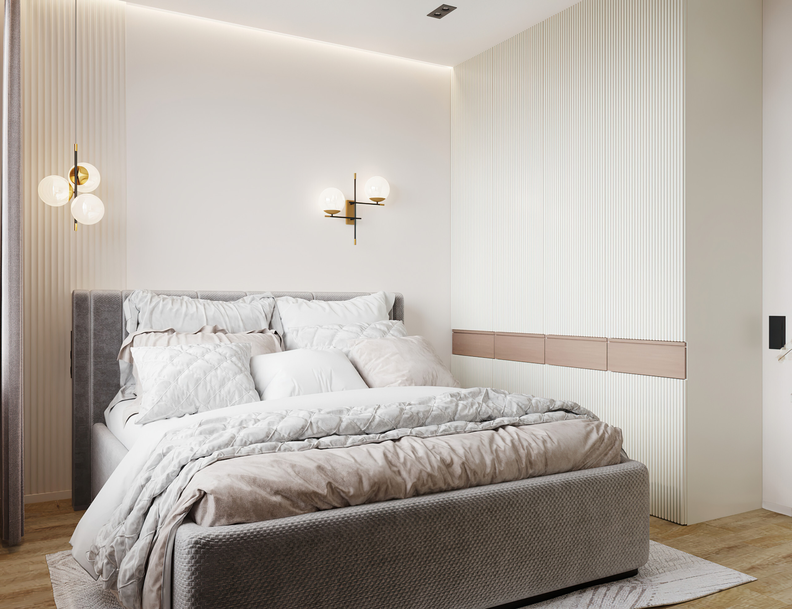 Интерьер спальни с бра над кроватью, подсветкой настенной, подсветкой светодиодной и светильниками над кроватью в современном стиле