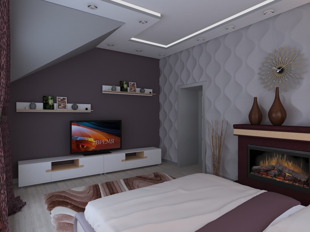 Интерьер спальни с нишей с подсветкой, рейками с подсветкой, подсветкой настенной, подсветкой светодиодной и с подсветкой в современном стиле
