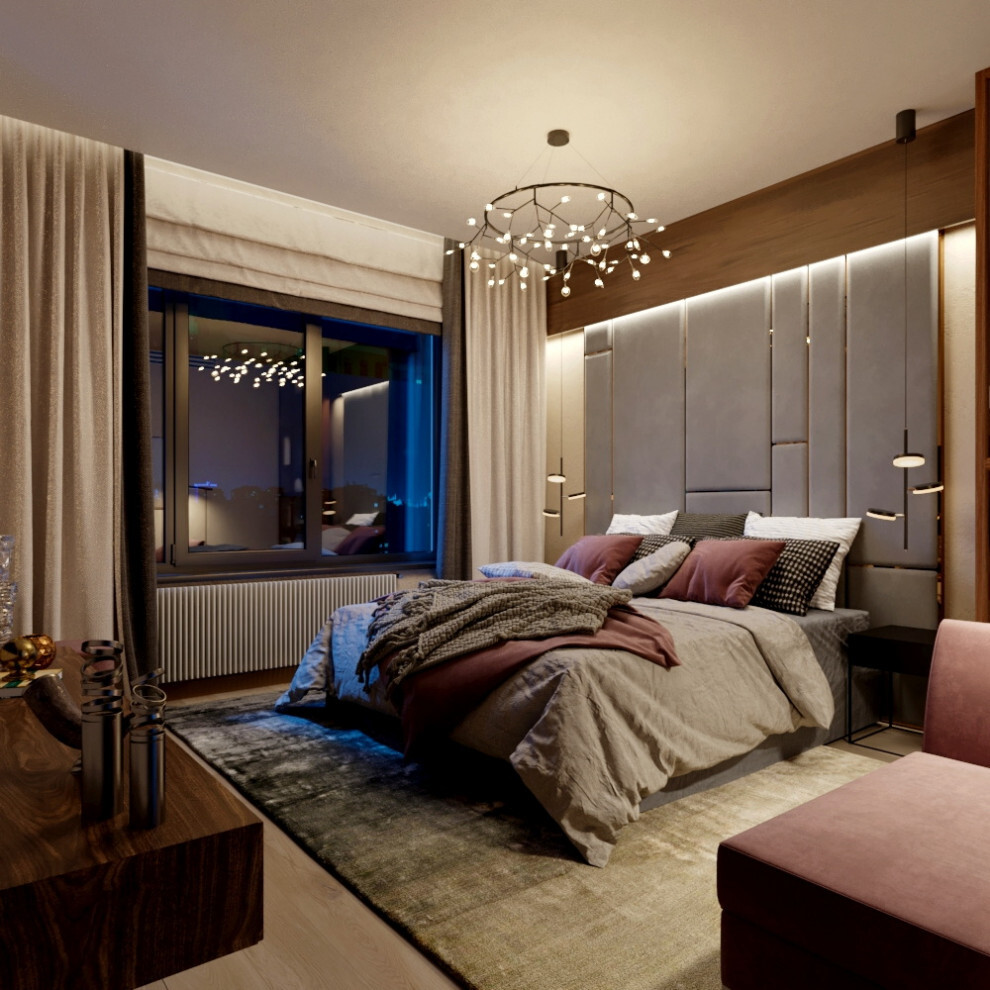 Интерьер спальни с рейками с подсветкой, подсветкой настенной, подсветкой светодиодной, светильниками над кроватью и с подсветкой в современном стиле