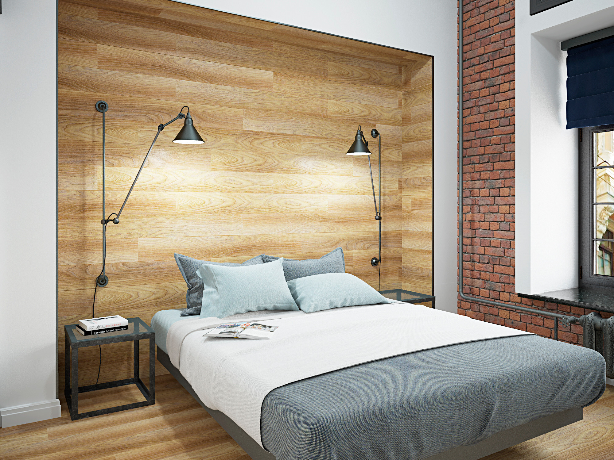Интерьер спальни с бра над кроватью, подсветкой настенной и светильниками над кроватью в стиле лофт