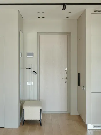 Интерьер прихожей с проходной и зеркалом на двери  смотреть на Basicdecor