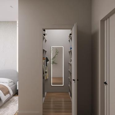 Интерьер спальни с зеркалом на двери  смотреть на Basicdecor