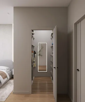 Интерьер спальни с зеркалом на двери  смотреть на Basicdecor