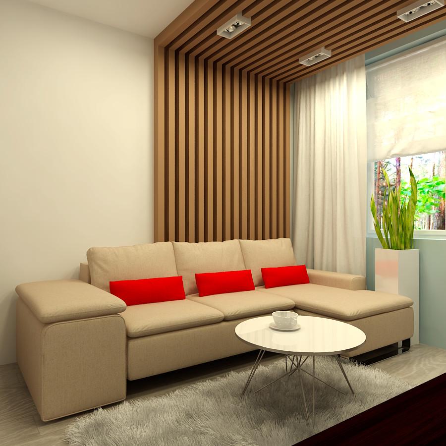 Интерьер гостиной с зонированием рейками, вертикальными жалюзи и рейками с подсветкой в современном стиле