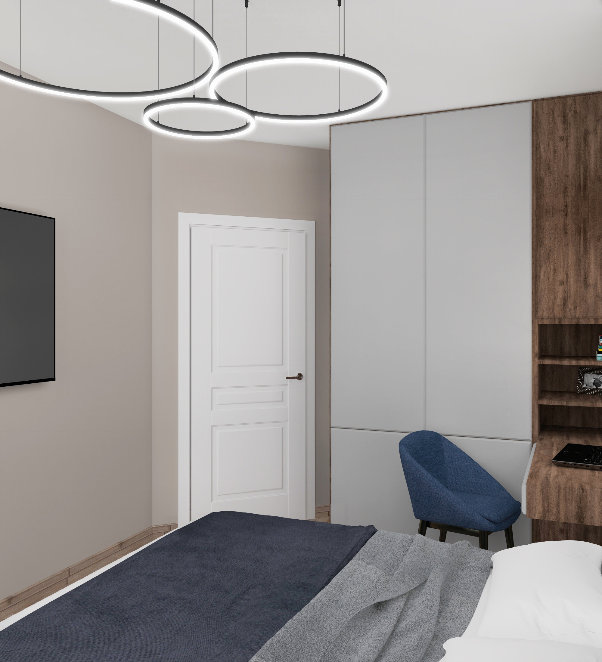 Интерьер спальни c рабочим местом, подсветкой светодиодной и светильниками над кроватью