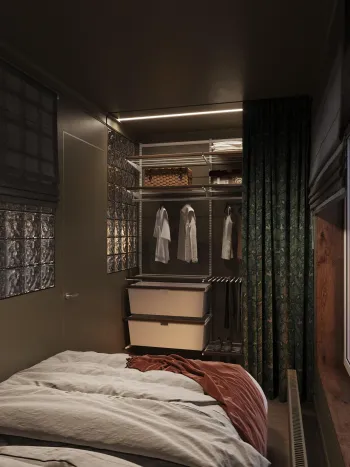 Интерьер спальни с гардеробной зой кроватью  смотреть на Basicdecor