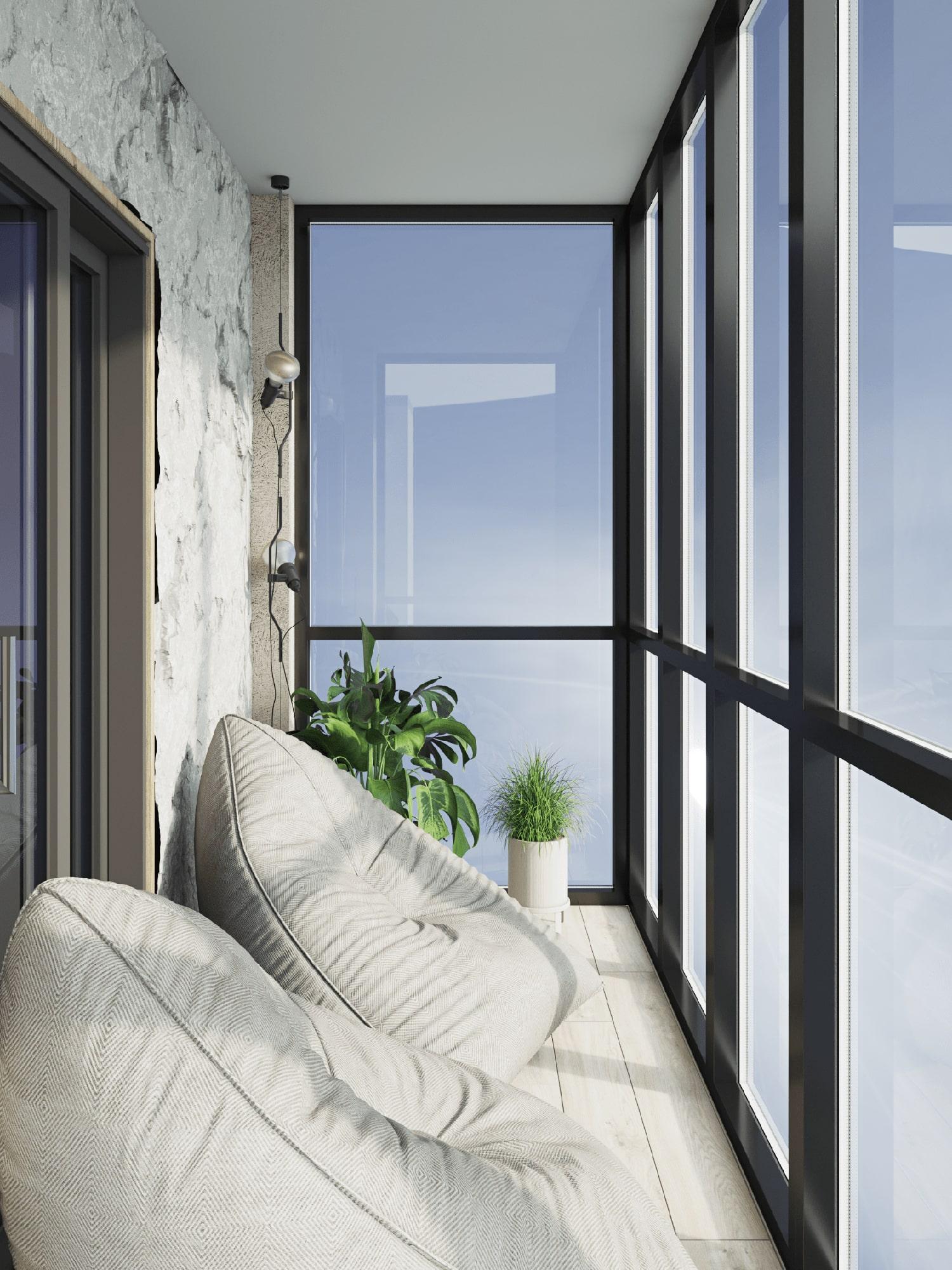 Интерьер балкона с окном, балконом, панорамными окнами и угловым окном