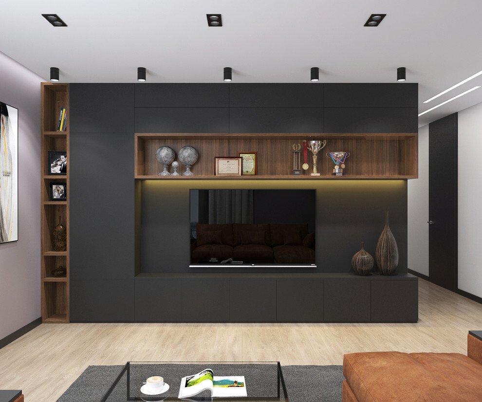 Интерьер гостиной cтеной с телевизором, телевизором на стене, нишей для телевизора, керамогранитом на стену с телевизором и подсветкой настенной в современном стиле