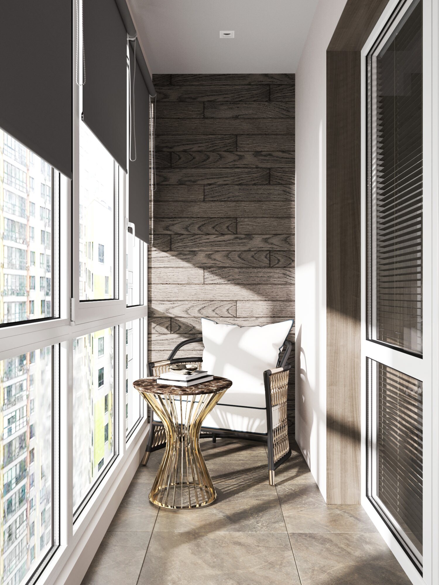 Интерьер балкона с балконом и панорамными окнами в современном стиле