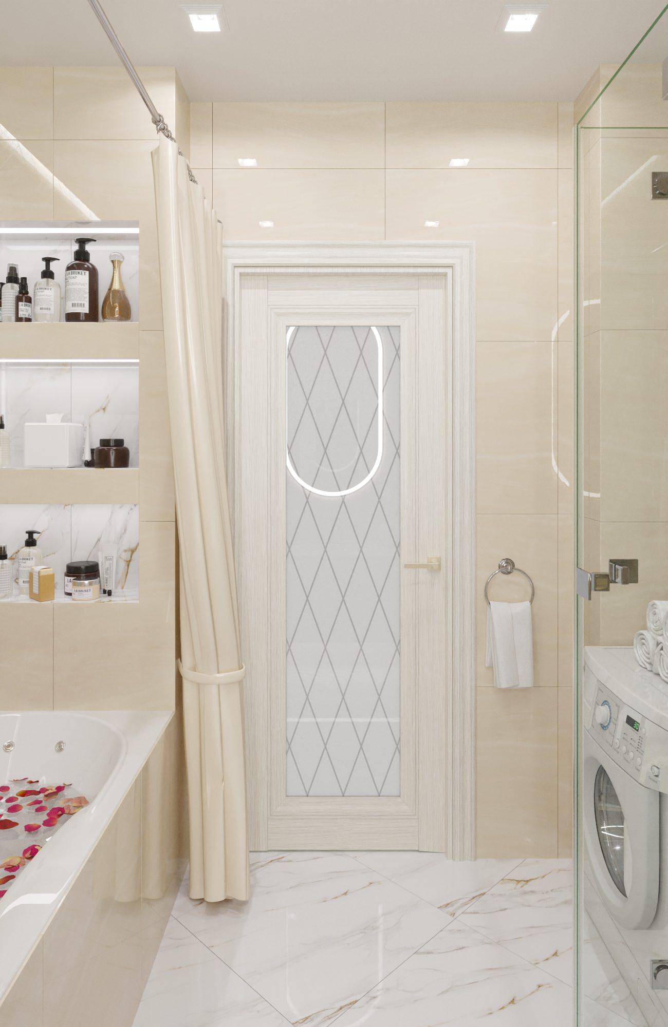Интерьер ванной с зеркалом на двери и дверными жалюзи в неоклассике