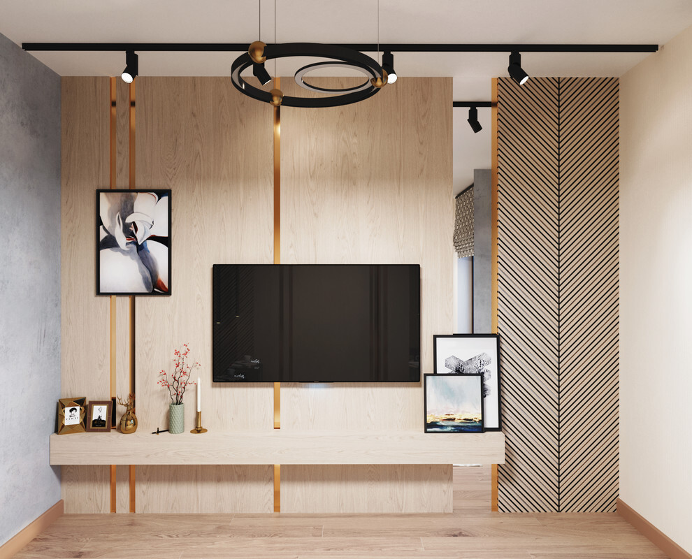 Интерьер гостиной с панно за телевизором, стеной с телевизором и телевизором на рейках в современном стиле