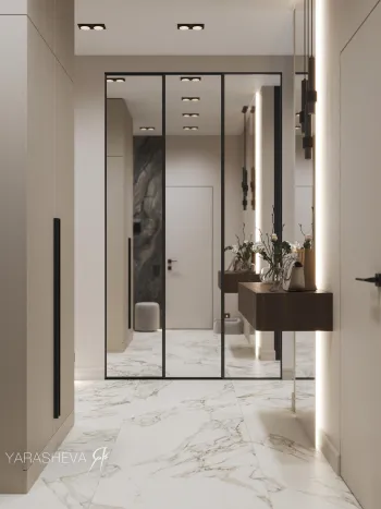 Интерьер прихожей с зеркалом в нише и зеркалом на двери  смотреть на Basicdecor