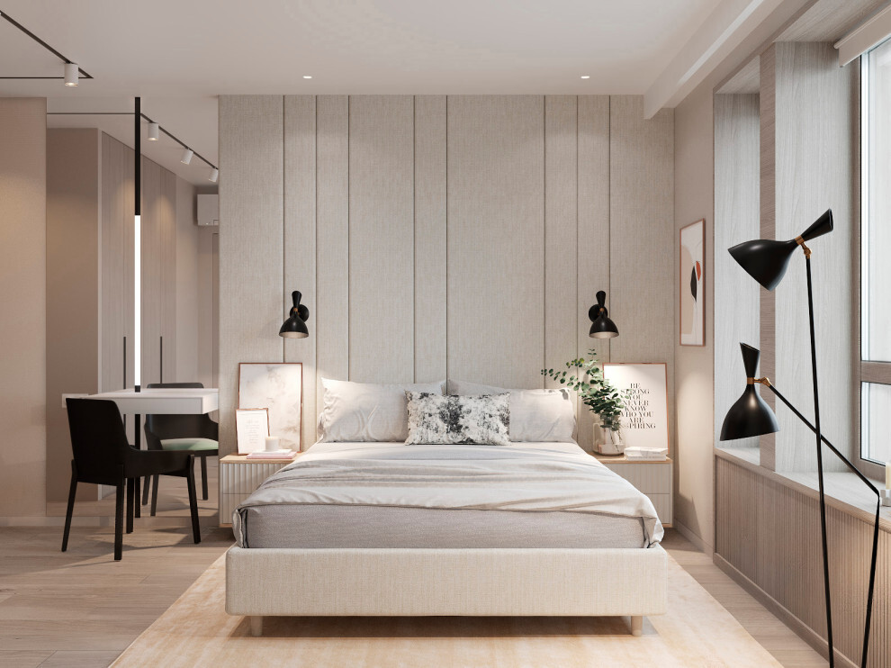 Интерьер спальни с бра над кроватью и светильниками над кроватью в современном стиле и в стиле лофт
