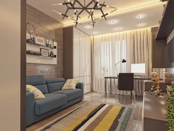 Интерьер гостиной c рабочим местом, проходной и с подсветкой  смотреть на Basicdecor