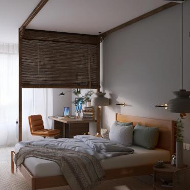 Интерьер спальни с жалюзи  смотреть на Basicdecor