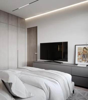 Интерьер спальни с нишей с подсветкой, световыми линиями, светильниками над кроватью и с подсветкой  смотреть на Basicdecor