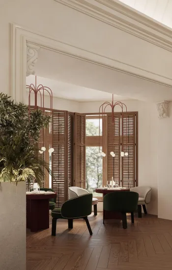 Интерьер кафе и ресторана с жалюзи и дверными жалюзи  смотреть на Basicdecor