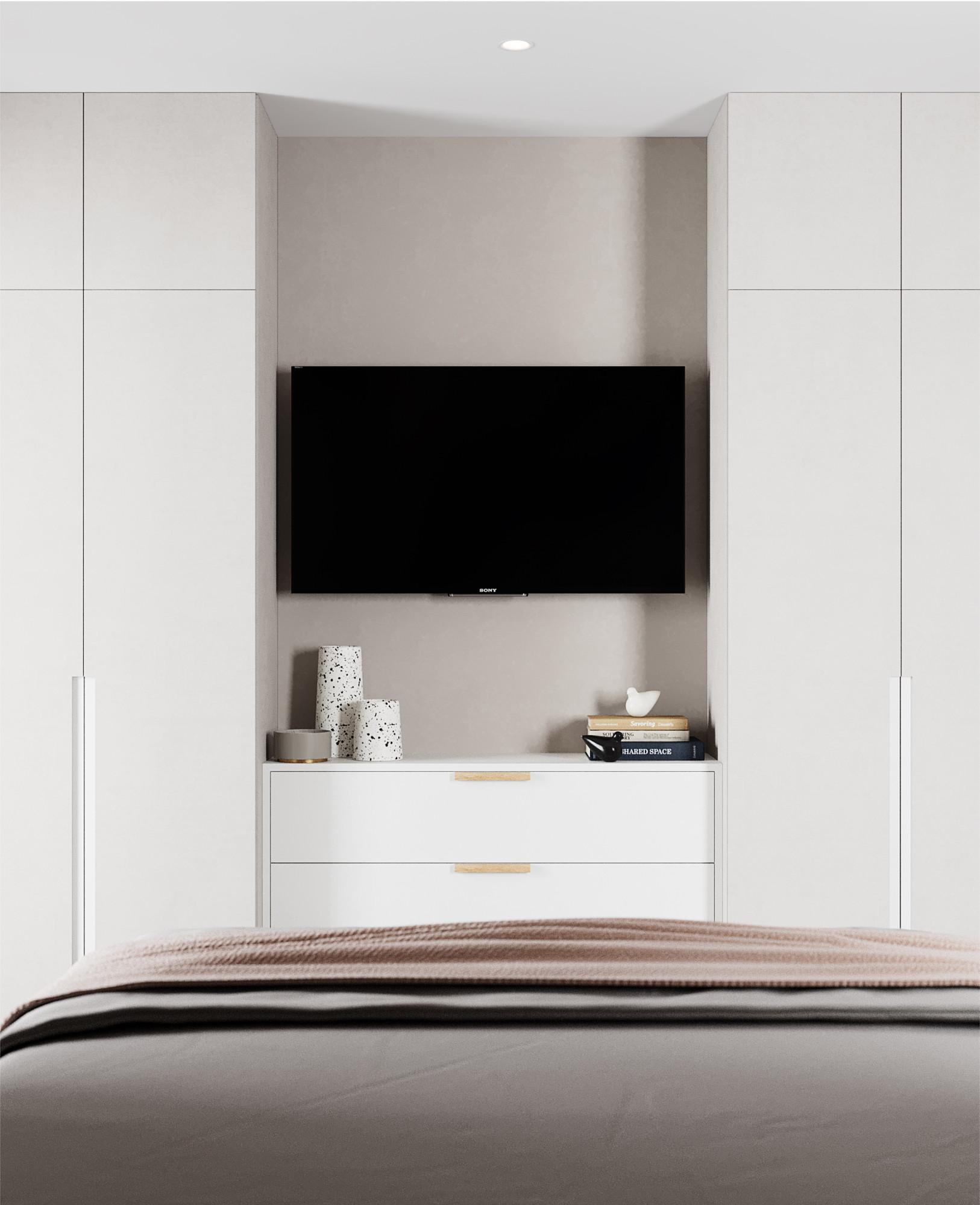 Интерьер спальни cтеной с телевизором, телевизором на стене и нишей для телевизора в современном стиле