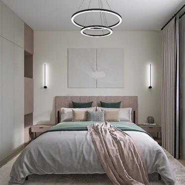 Интерьер спальни cветильниками над кроватью и с подсветкой  смотреть на Basicdecor