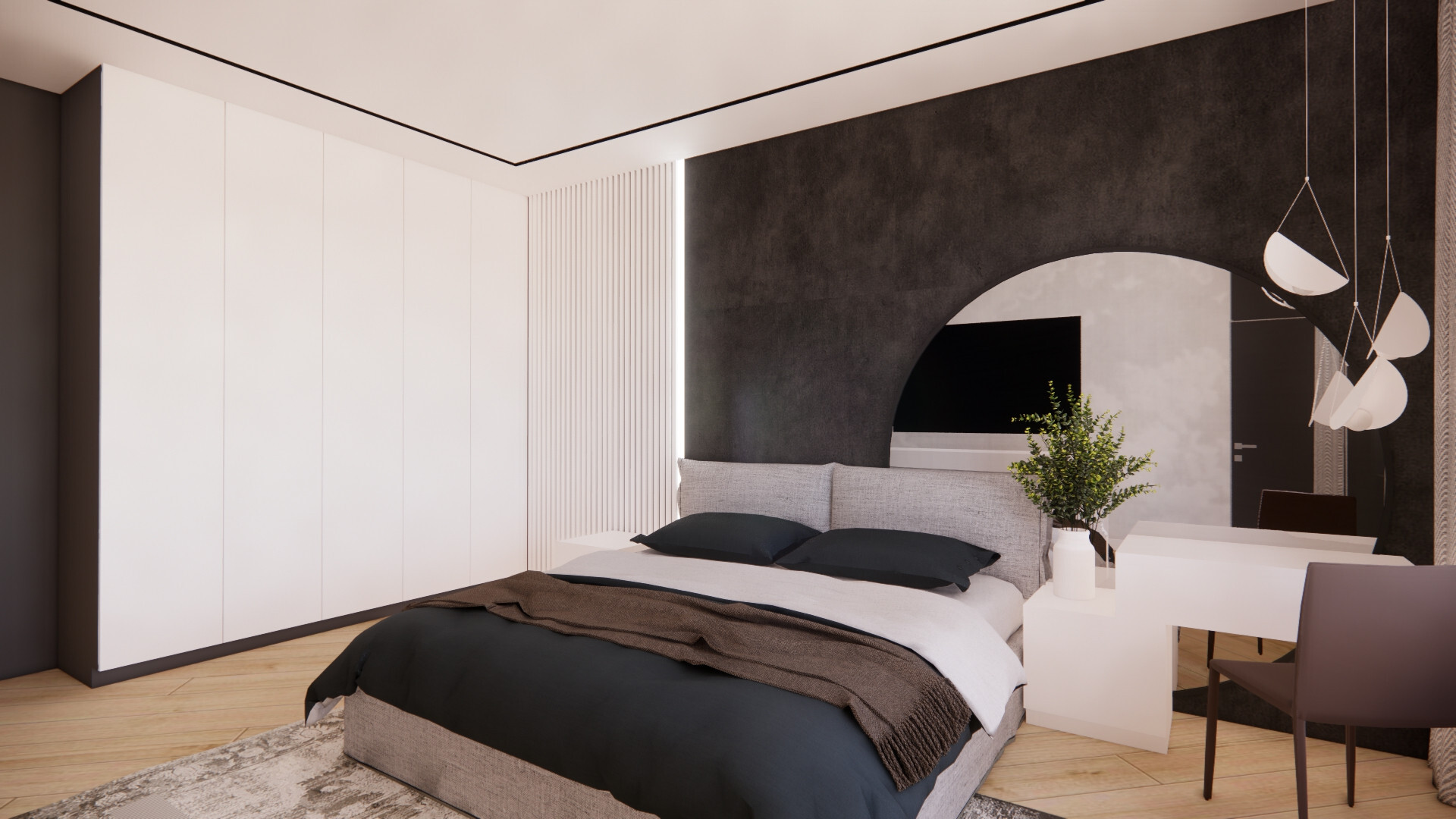 Интерьер спальни с кроватью в нише, бра над кроватью и светильниками над кроватью в стиле лофт
