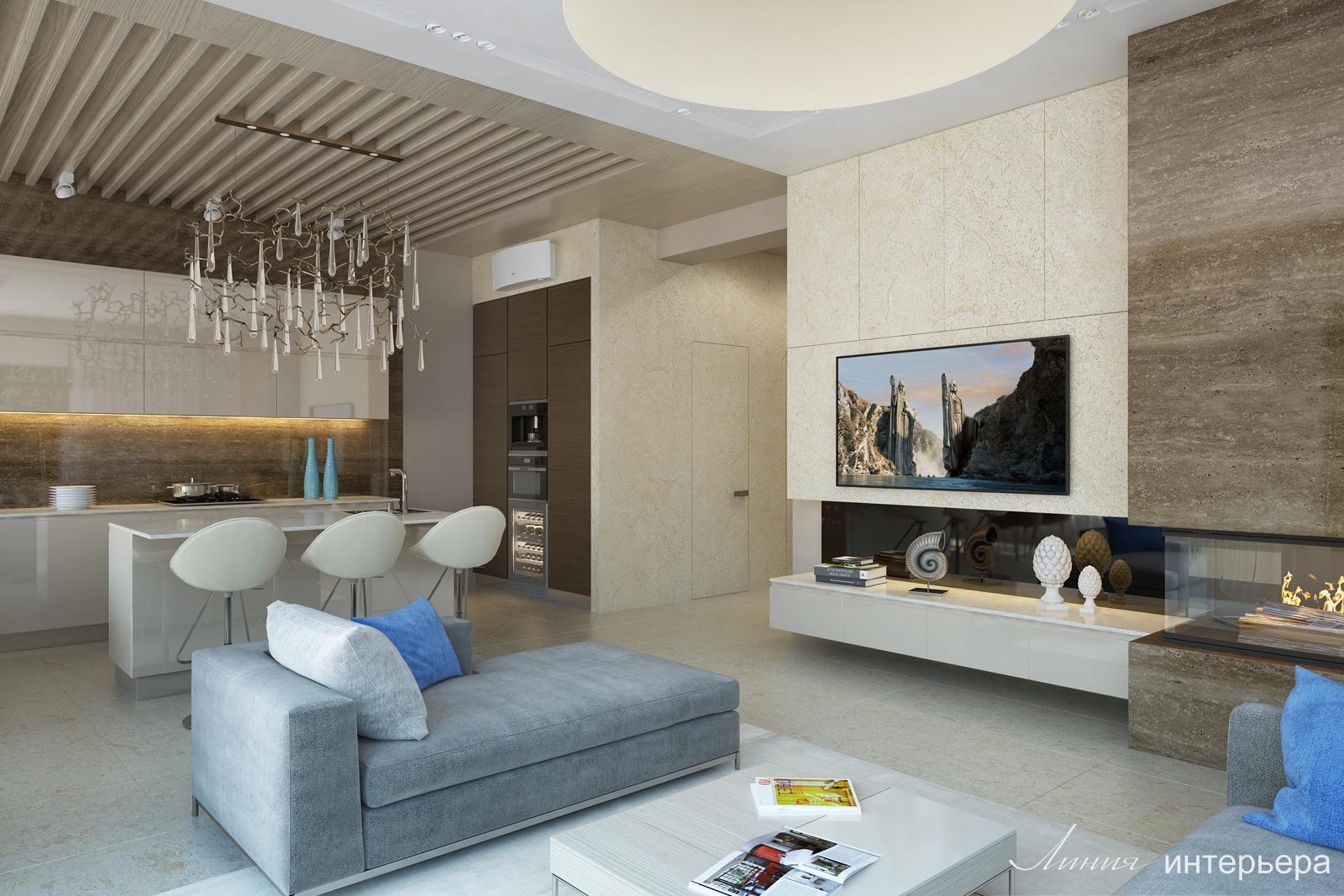 Интерьер гостиной с керамогранитом на стену с телевизором, подсветкой настенной и подсветкой светодиодной