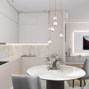 Интерьер кухни cветильниками над столом  смотреть на Basicdecor