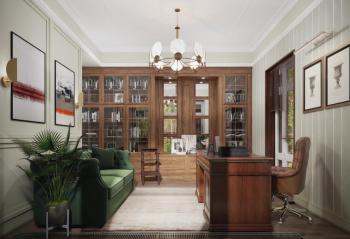 Интерьер кабинета с библиотекой в стиле фьюжн