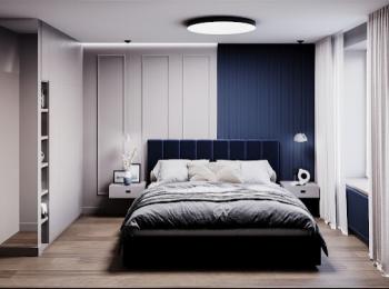 Интерьер спальни с кроватью под потолком, незастекленным и светильниками над кроватью в стиле лофт