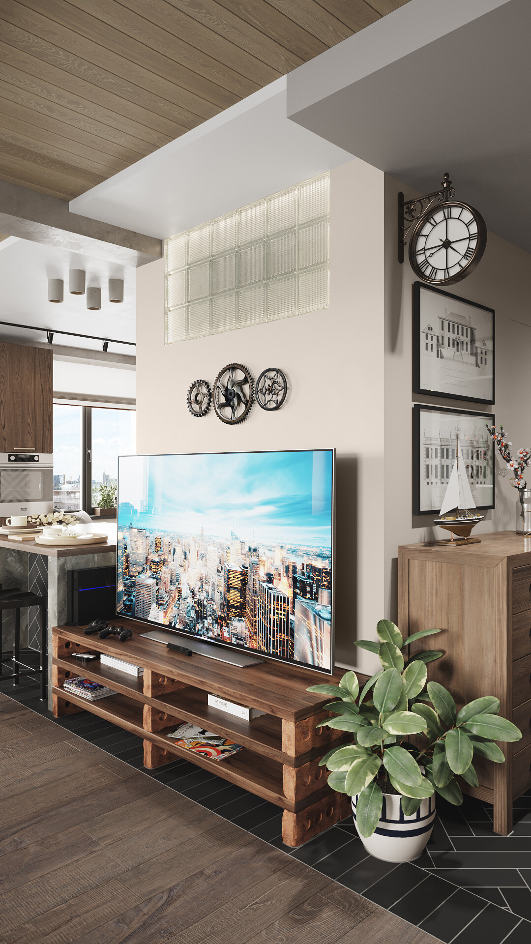 Интерьер гостиной с панно за телевизором, стеной с телевизором, телевизором на стене и керамогранитом на стену с телевизором в стиле лофт