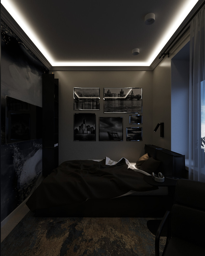 Интерьер спальни с нишей с подсветкой, световыми линиями, рейками с подсветкой, подсветкой настенной, подсветкой светодиодной, светильниками над кроватью и с подсветкой в стиле лофт
