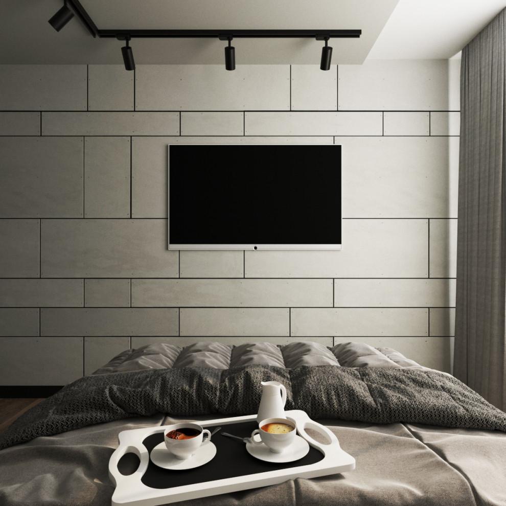 Интерьер спальни с телевизором на рейках в современном стиле