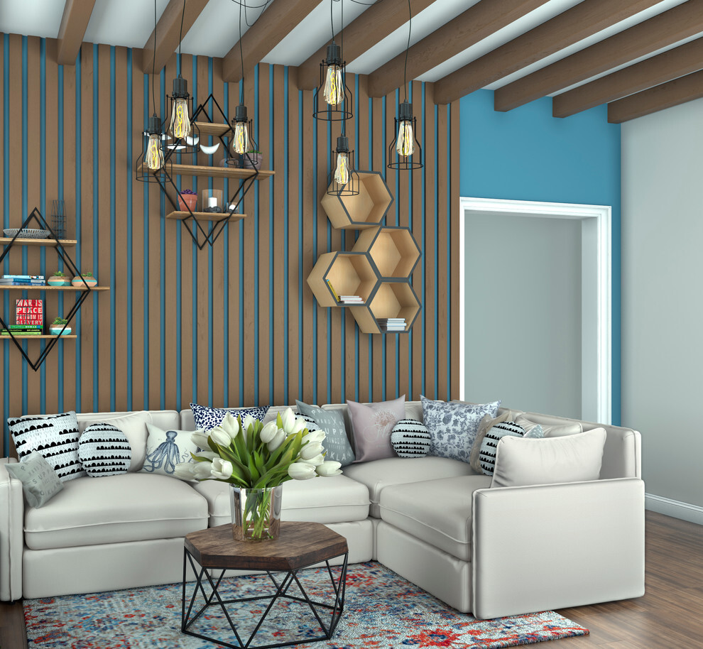 Интерьер гостиной с в деревянном доме, рейками с подсветкой, подсветкой настенной и подсветкой светодиодной в скандинавском стиле