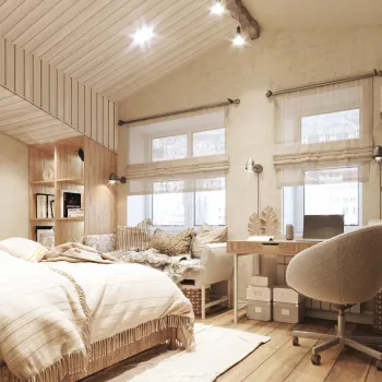 Интерьер спальни c рабочим местом и на мансарде  смотреть на Basicdecor