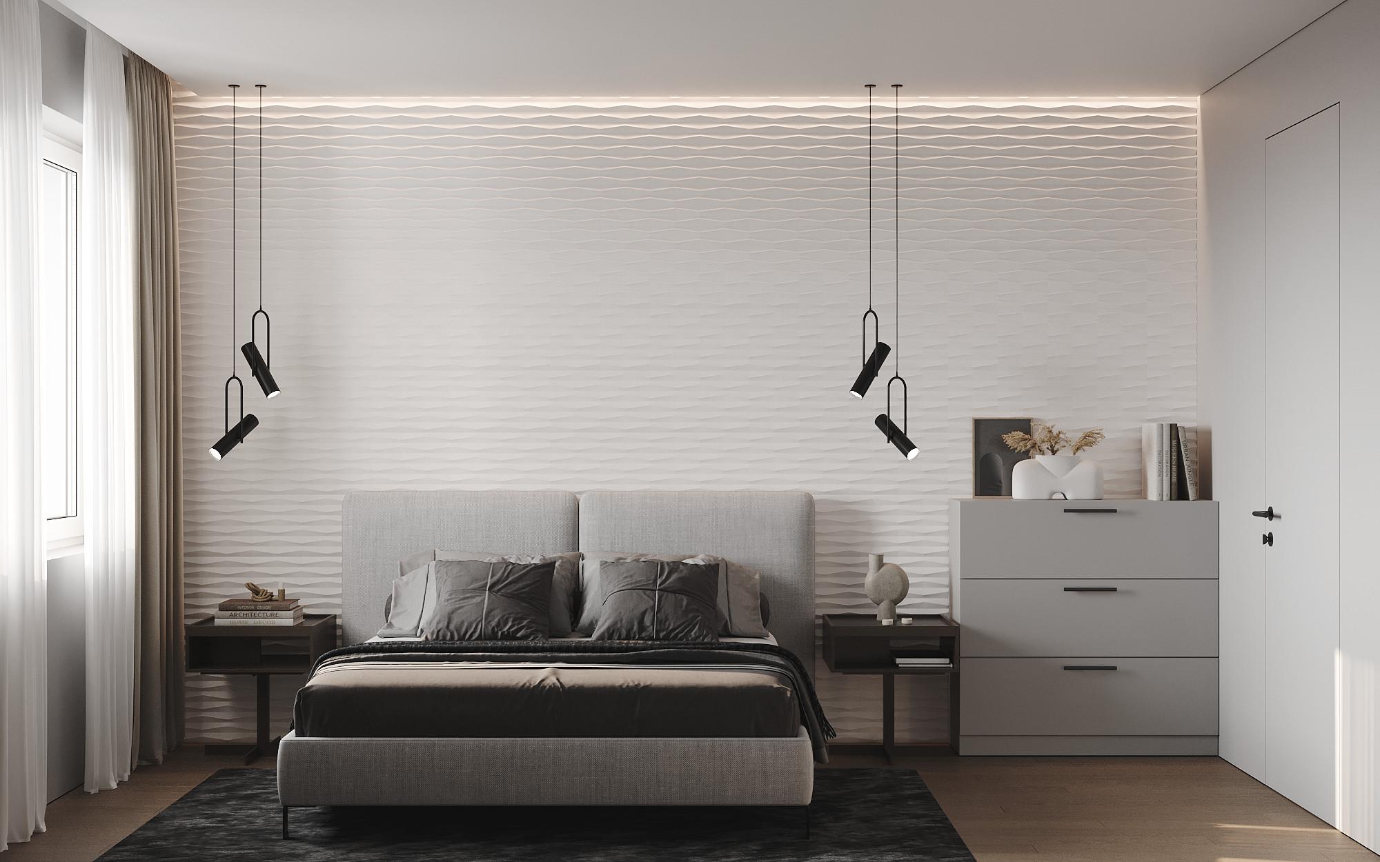 Интерьер спальни с рейками с подсветкой, подсветкой настенной и подсветкой светодиодной в современном стиле