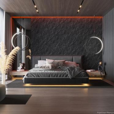 Интерьер спальни cветильниками над кроватью и с подсветкой  смотреть на Basicdecor