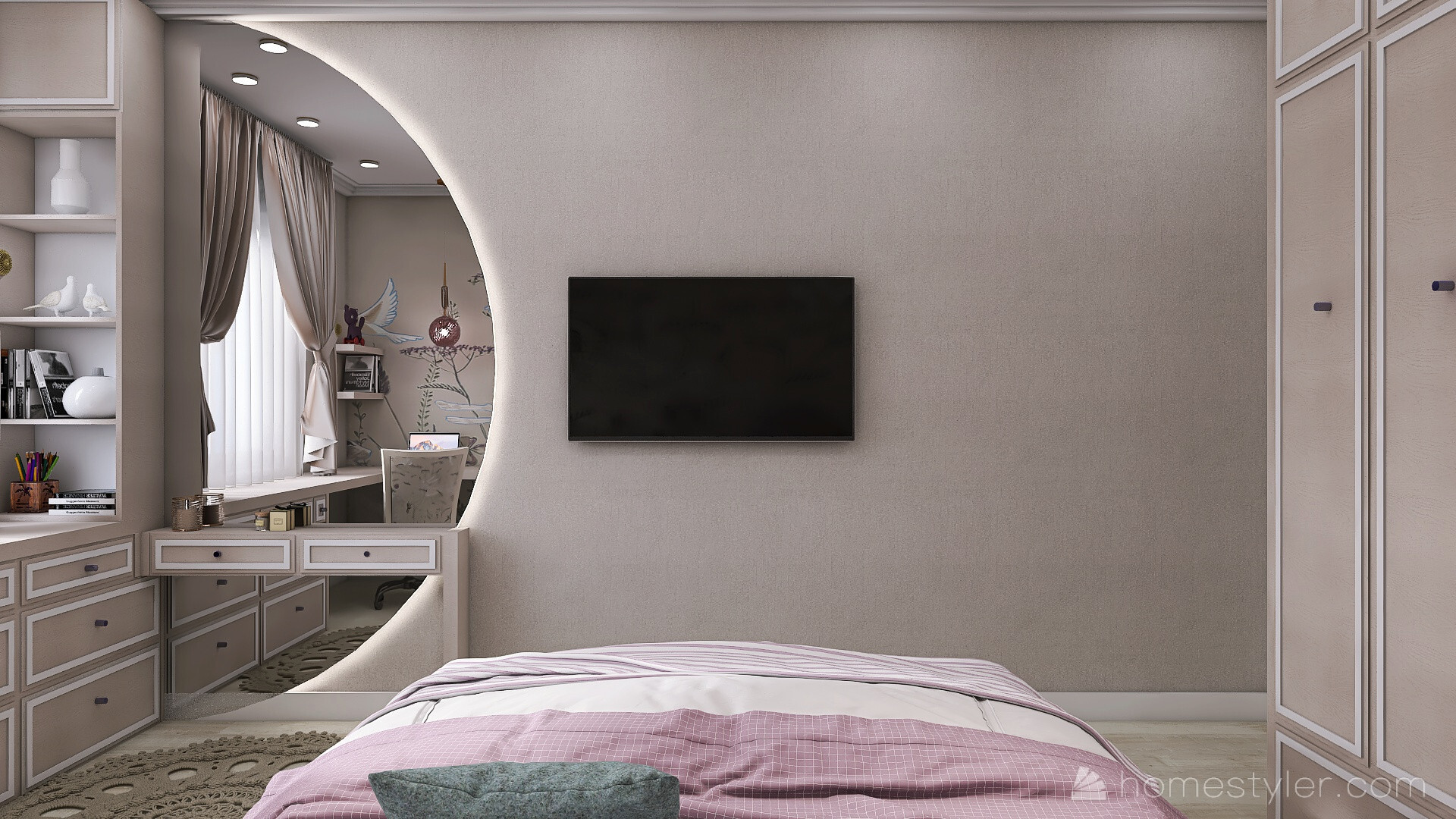 Интерьер спальни cтеной с телевизором, телевизором на стене, керамогранитом на стену с телевизором и подсветкой настенной