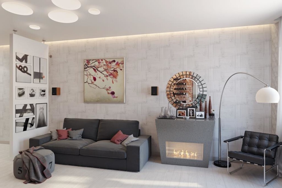 Интерьер гостиной с картинами над камином и панно за телевизором в современном стиле