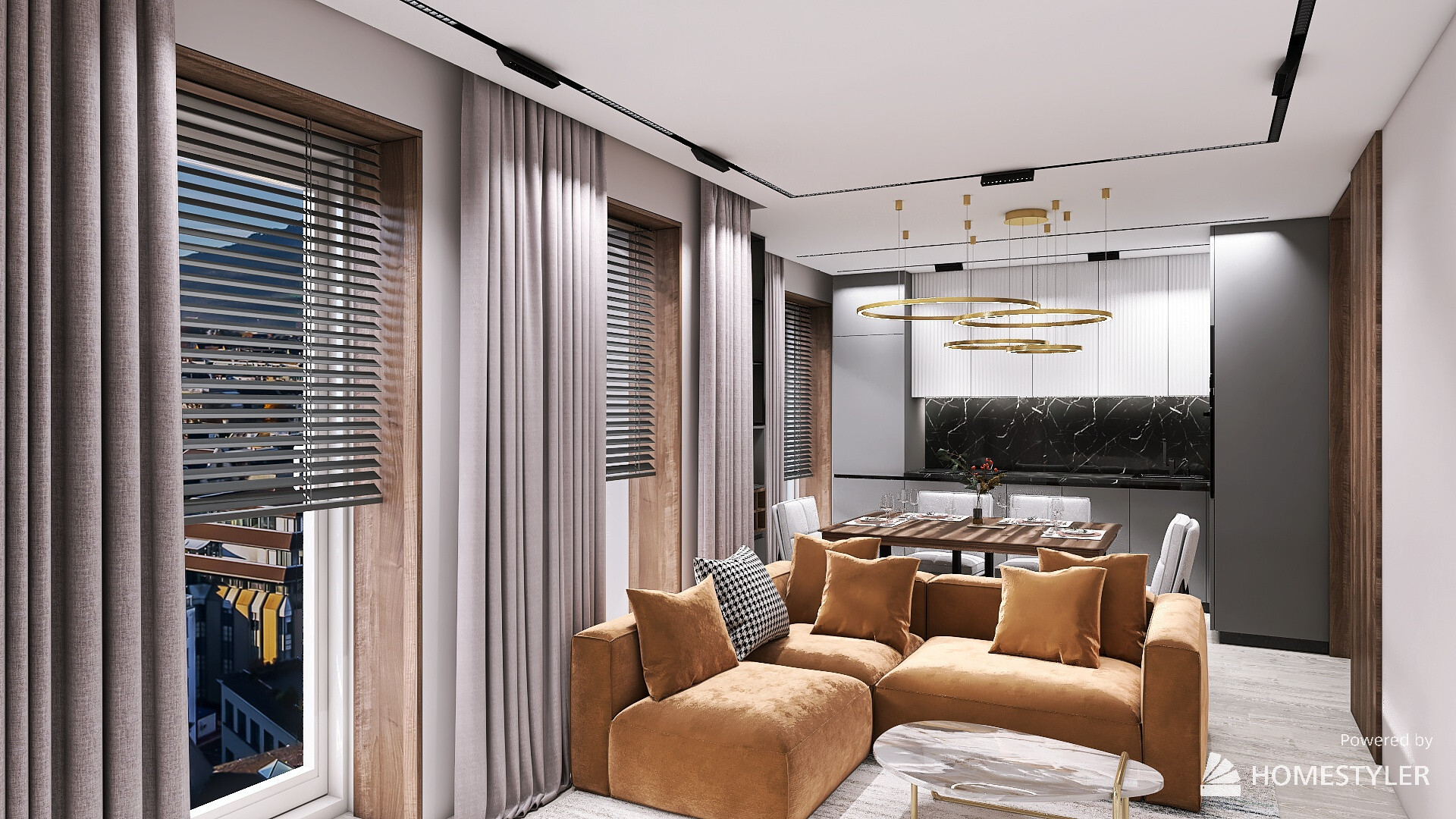 Интерьер гостиной с зонированием шторами, жалюзи и вертикальными жалюзи в современном стиле