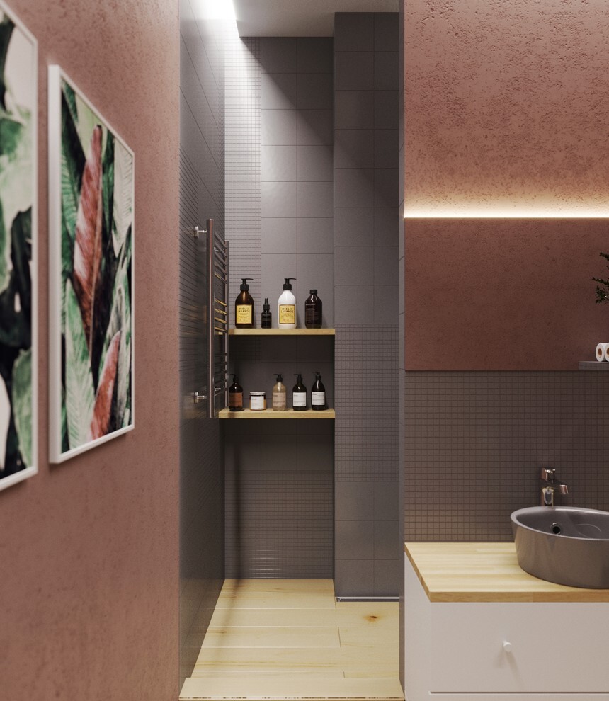 Интерьер ванной с нишей из плитки, нишей с подсветкой, рейками с подсветкой, подсветкой настенной и подсветкой светодиодной в современном стиле и в стиле лофт