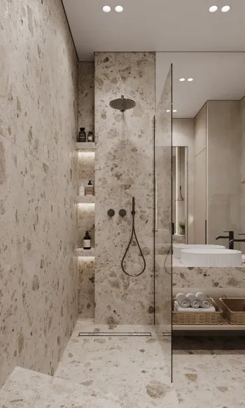 Интерьер ванной с душевой из плитки  смотреть на Basicdecor