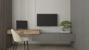 Интерьер кабинета с телевизором на стене  смотреть на Basicdecor