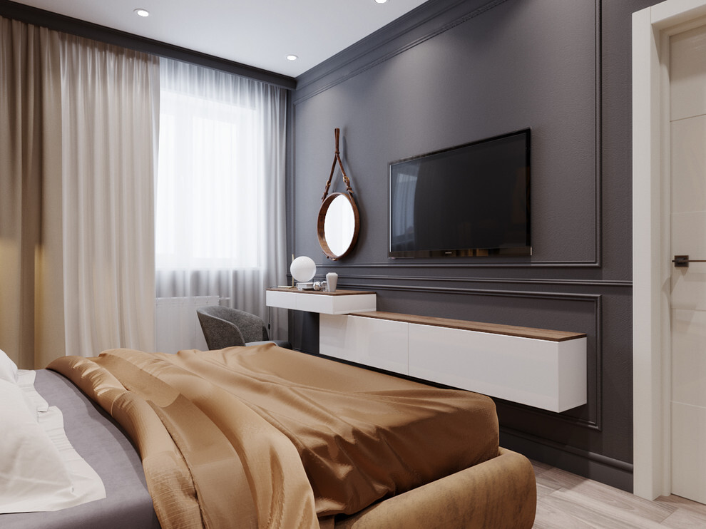 Интерьер спальни с панно за телевизором в современном стиле