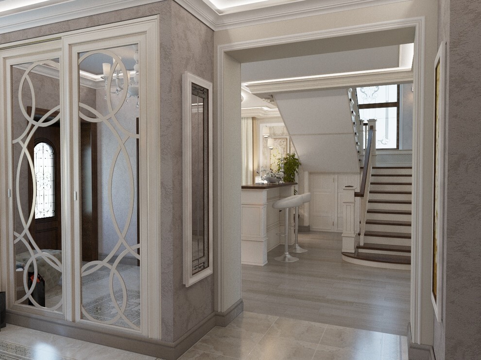 Интерьер коридора с зеркалом в нише и зеркалом на двери в классическом стиле