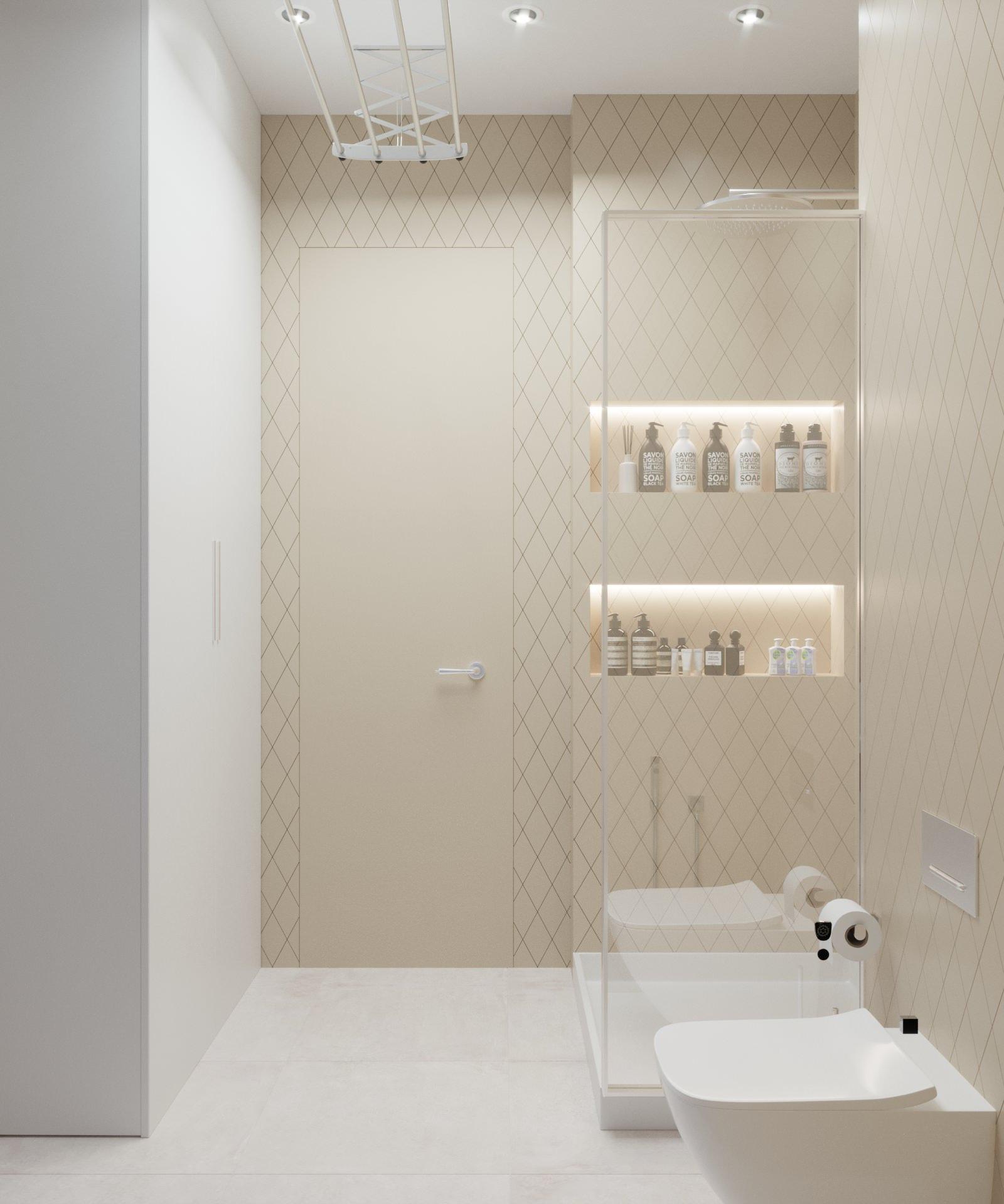 Интерьер ванной с нишей из плитки, без дверей, световыми линиями, подсветкой настенной и подсветкой светодиодной в неоклассике